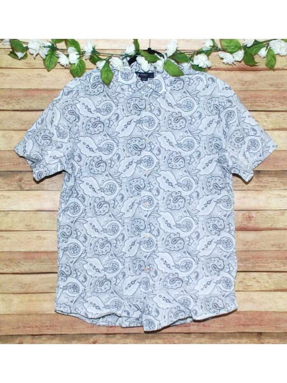 Cremieux Men's Gray Short Sleeve Button Up Shirt Size L Paisleys Cotton Preppy